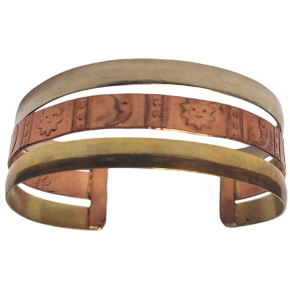 Vintage 90s/00s Sun and Moon Copper and Bronze Bracelet Cuff - Picture 2 of 4